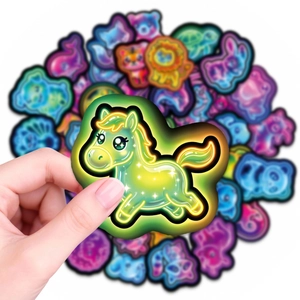 Neon cartoon animal stickers set featuring glowing vibrant designs for laptop and phone