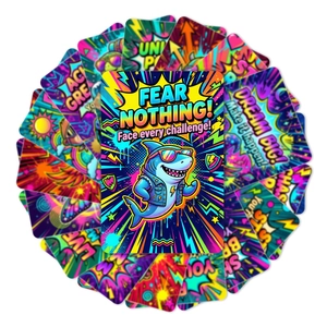 Close-up of retro pop art shark card with Fear Nothing inspirational quote