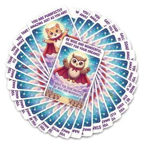 Detail of inspirational kids reward cards featuring superhero owl and cat illustrations