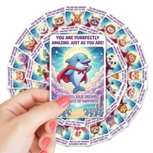 Close-up of superhero animal motivational cards with vibrant colors and rounded corners