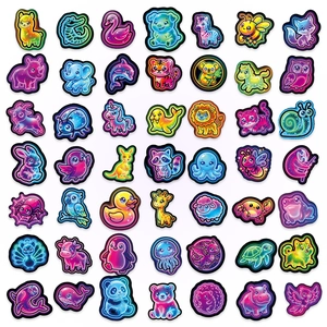 Detailed grid of 48 neon animal stickers featuring vibrant kawaii designs on waterproof PVC