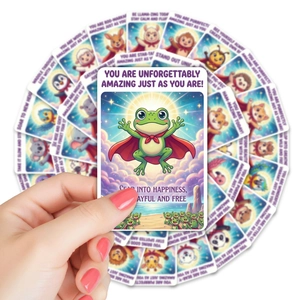 Close-up of cute animal motivational cards featuring superhero frog and vivid colors