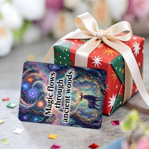 Artistic fantasy card with a golden deer propped against a gift box for gift decoration