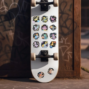 Space dinosaur cartoon stickers applied on a skateboard with street style background