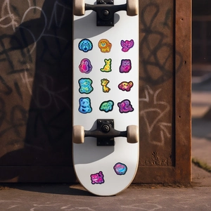 Neon cartoon animal stickers displayed on a skateboard with waterproof PVC finish