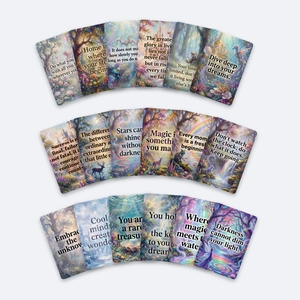 Detailed set of 18 fantasy landscape art cards with inspiring motivational English quotes