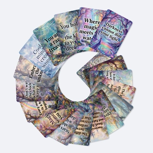 Detailed fan-shaped layout of inspirational cards featuring fantasy nature illustrations