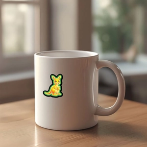 Close-up of a white ceramic mug featuring a glowing yellow neon cartoon kangaroo design