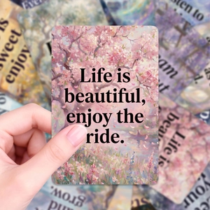 Macro detail of Monet garden card featuring Life is beautiful floral oil painting
