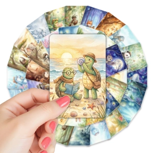 Gros plan de cartes aquarelle d'animaux avec tortues de mer au coucher du soleil