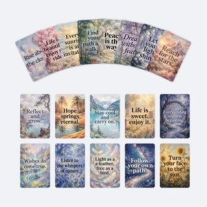 Detail of artistic affirmation cards with positive quotes and nature forest illustrations
