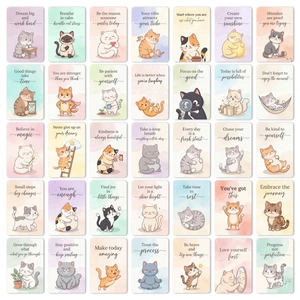 Set of 36 watercolor cartoon cat inspirational quote cards with positive text for kids