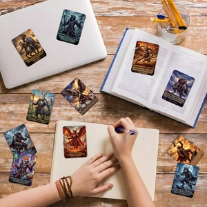 Makroaufnahme von Fantasy-Tierkrieger-Aufklebern auf einem Laptop und Notizbüchern