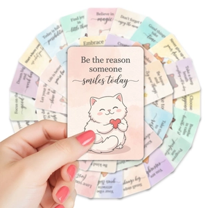 Handheld set of 36 watercolor motivational cards with cute cartoon cats and uplifting quotes