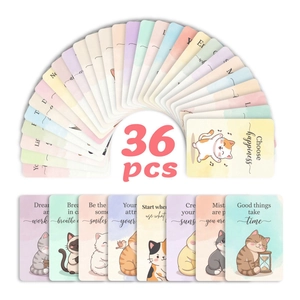 Macro view of 36 watercolor cartoon cat cards with motivational quotes and round edges