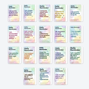 Flat lay of 18 pastel daily affirmation cards with motivational quotes and star patterns