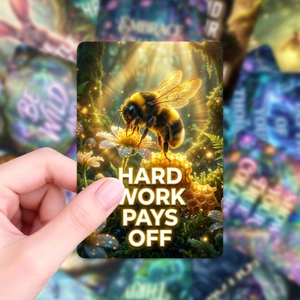 Makroaufnahme der 'HARD WORK PAYS OFF' Karte mit Honigbiene und Blumenmotiven