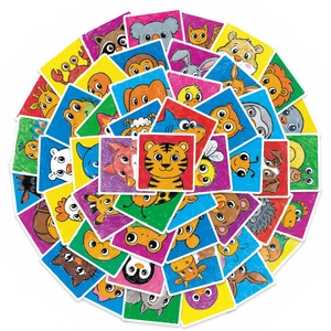 Set of 50 cute cartoon animal stickers with colorful crayon graffiti style on white background