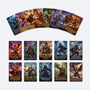 Makro-Detail von Fantasy-Tierkrieger-Kunstkarten mit motivierenden englischen Zitaten und Ecken