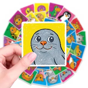 Crayon style 50pcs cute animal stickers set featuring hand-drawn seal and penguin designs