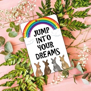 Rainbow cartoon motivational card with Jump Into Your Dreams and kangaroo motif