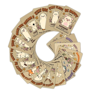 Spiral layout of 18 cute animal cartoon cards with English motivational quotes