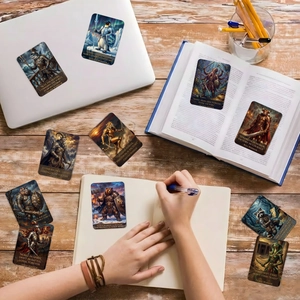 Detailaufnahme von 11 Fantasy-Tierkrieger-Kunstkarten auf einem Schreibtisch aus Holz