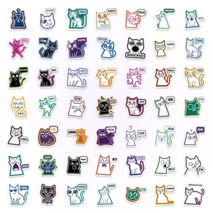 Sammlung von 49 abstrakten Katzenstickern mit lustigen Ausdrücken und bunten Grafikdesigns