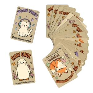 Detail of 18 cute cartoon animal motivational cards with positive English phrases