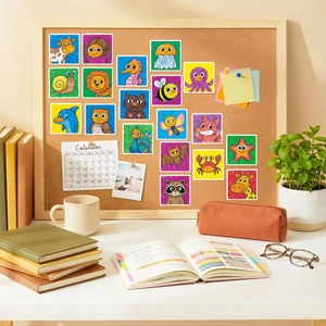 Macro shot of 20 creative cartoon animal stickers on a cork board in a cozy study setting