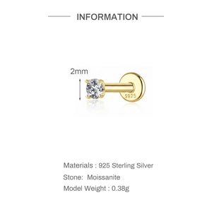 Macro detail of S925 sterling silver labret stud with 2mm moissanite stone and 925 stamp