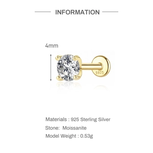 Macro detail of 4mm moissanite stud earring in gold finish s925 sterling silver