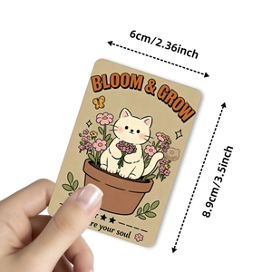 Set of 18 cute hand-drawn animal cards featuring a cat in a flower pot with positive quotes