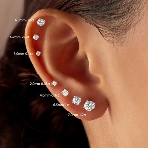Detailed size comparison of S925 silver moissanite stud earrings from 2mm to 7mm diameter