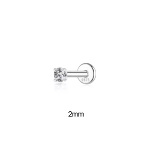 Detailed view of 2mm solitaire moissanite stud with S925 sterling silver hallmarked base