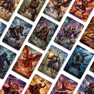 Set aus 18 Fantasy-Tierkrieger-Kunstkarten mit Motivationssprüchen für die Wanddeko
