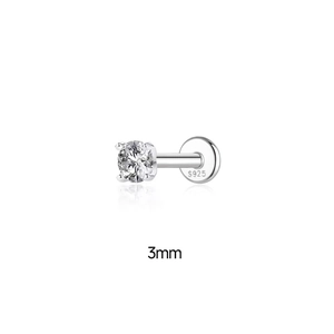 Macro shot of S925 sterling silver flat back earring with 3mm round cubic zirconia stud