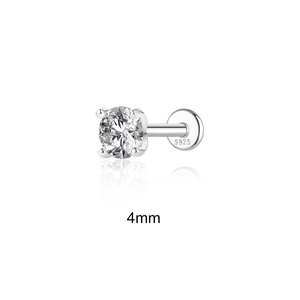 Detail of 4mm moissanite labret stud in S925 sterling silver with secure screw back