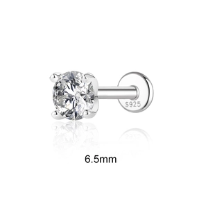 Macro detail of 6.5mm S925 sterling silver stud earring with four-prong moissanite