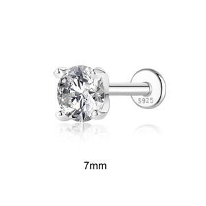 Close-up of 7mm moissanite stud in S925 sterling silver with a flat back screw design