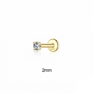 Detailed view of a 2mm moissanite stud earring in gold-plated S925 sterling silver
