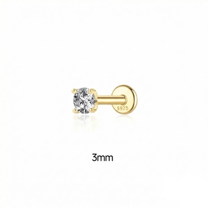 Detail of 3mm Moissanite stud earring showing S925 sterling silver stamp and gold plating