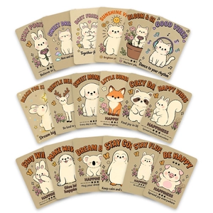 Set of 18 cute hand-drawn animal greeting cards with positive quotes for gift boxes