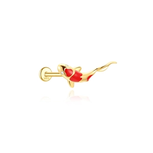 Makroaufnahme von S925 Silber Koi Labret Stecker mit rotem Emaille und Diamant Auge