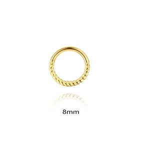 Detailed view of 8mm gold s925 silver piercing ring with half twist texture design