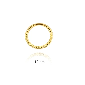 Close-up of a 10mm golden s925 silver twisted rope hoop earring with hinged closure