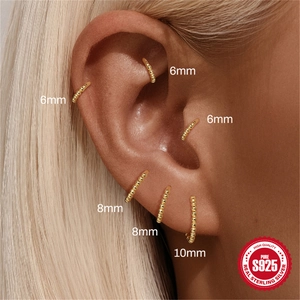 Classic S925 sterling silver gold beaded hoop earrings in 6mm, 8mm, and 10mm sizes