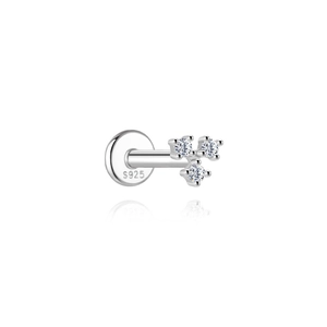 Detail of S925 sterling silver ear stud featuring three diamonds and S925 engraving