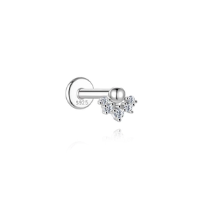 Macro view of S925 sterling silver flat back ear stud with sparkling fan shaped zircon stones