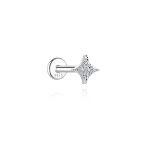 Macro shot of S925 sterling silver star cartilage stud with four clear cubic zirconias